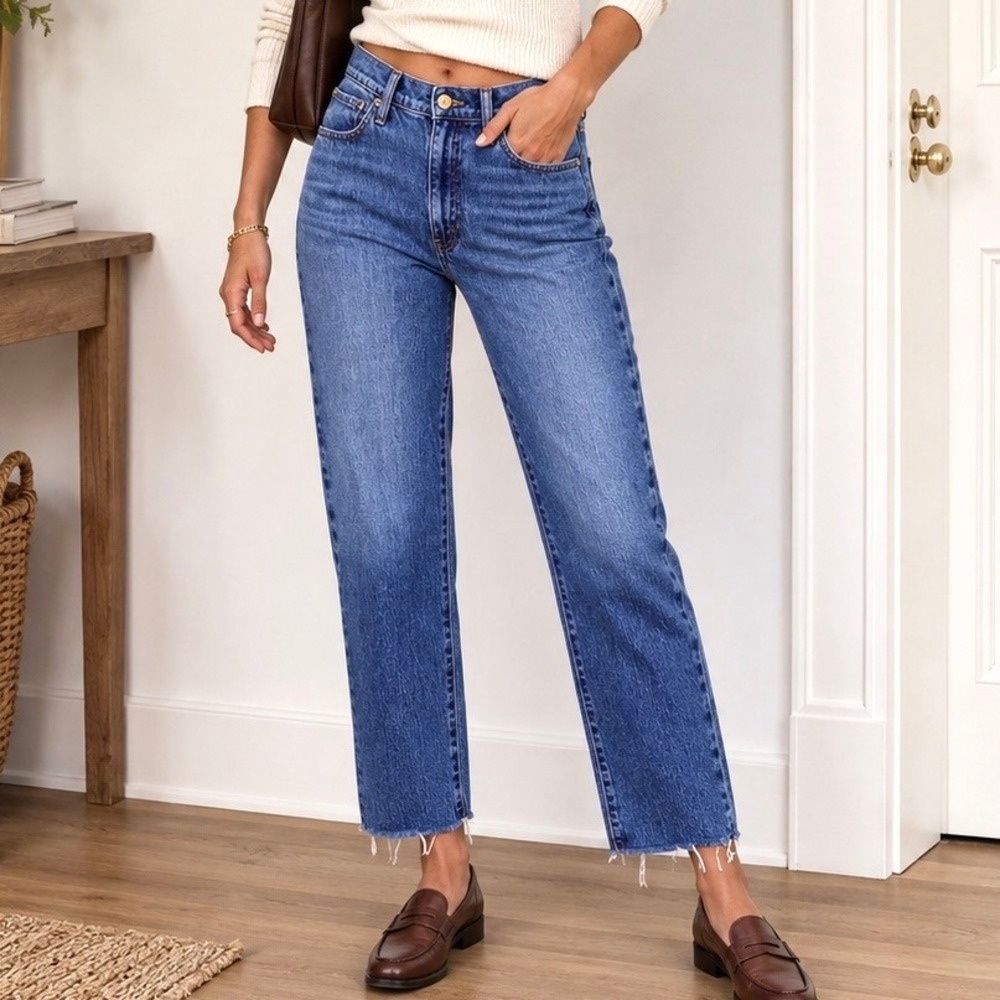 J Crew Size 30 Jeans Dark Wash Essential Straight Stretch Raw Hem Ankle Preppy